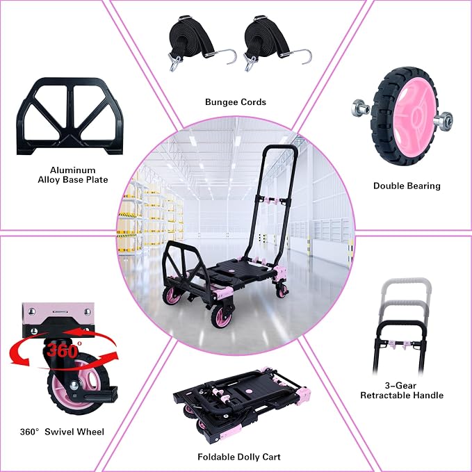 JJSMKCH 2 in 1 Folding Hand Truck,330LB Capacity Hand Truck Foldable,Dolly Cart with Wheels and 3-Speed Adjustable Handle,Portable Hand Cart,Collapsible Dolly for Moving (Pink)