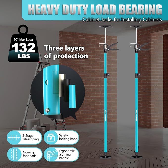 Steel Adjustable Cabinet Jack Support Pole, Quick Support Rod & Drywall Jack, Zip Wall, Dust Barrier Poles, 3rd Hand Support System Load 132LB, Cabinet Installations Tools from 45.2-115.2 in, 2-Pack
