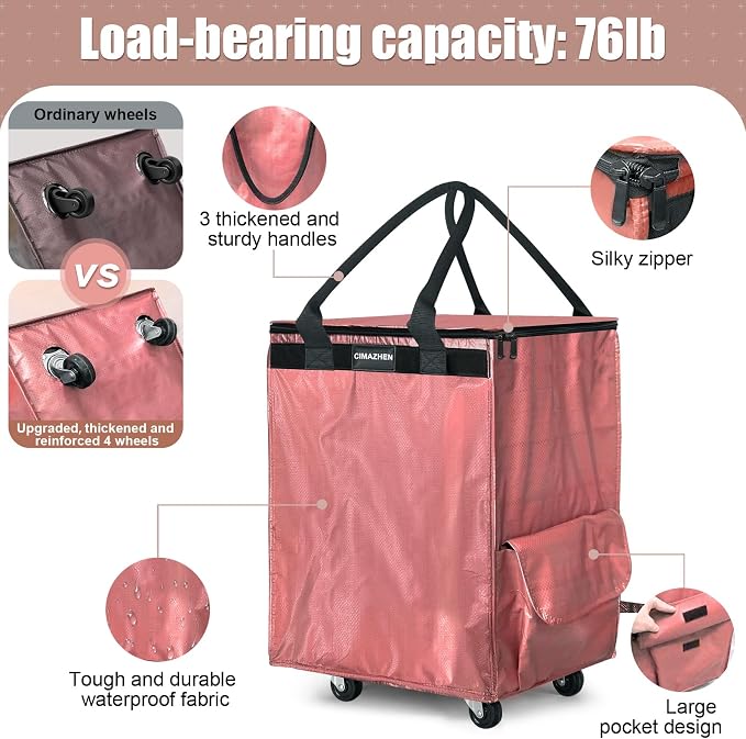 (Medium,Pink) Reusable Grocery Bag on 4 Wheels, 70L Foldable Rolling Tote Bag with 3 Handles and Zipper, Rolling Shopping Cart for Groceries, Storage, Laundry, Travel, Organizer, 76lb