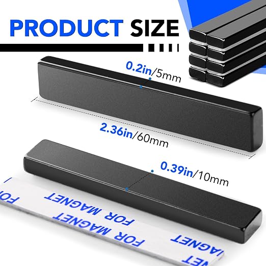 DIYMAG Neodymium Strong Magnets，24 Pcs Magnet Strip for Fridge Craft Black | 60x10x5 mm Heavy Duty Rare Earth Magnetic Tape with Adhesive Backing on Shower Door Refrigerator Whiteboard Cabinet
