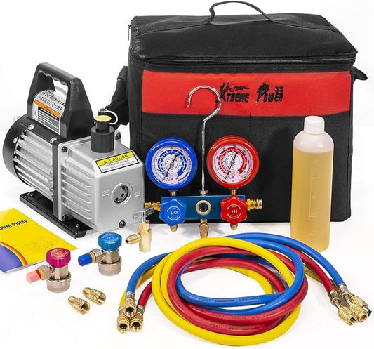 XtremepowerUS 3CFM 1/4HP Vacuum Pump HVAC R134a, R12, R22, R410a, A/C Refrigeration R134 Can Tap Adapter, R134 Quick Connector AC Manifold Gauge Air Conditioner Oil Bottle w/Bag
