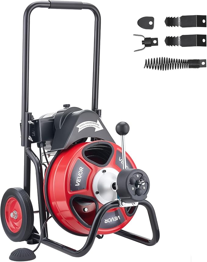 VEVOR Drain Cleaner Machine 75 FT x 1/2 Inch, Auto Feed Sewer Snake Auger on Wheels, Portable Drain Cleaning Machine with 4 Cutters & Air-activated Foot Switch for 2" to 6" Pipes
