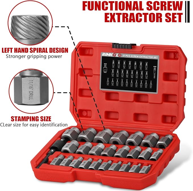 27-Piece Screw Extractor Set, 3/8" Inch Drive Easy Out Bolt Extractor kit Multi-Spline Hex Head for Removing Broken Studs Bolts Socket Screws