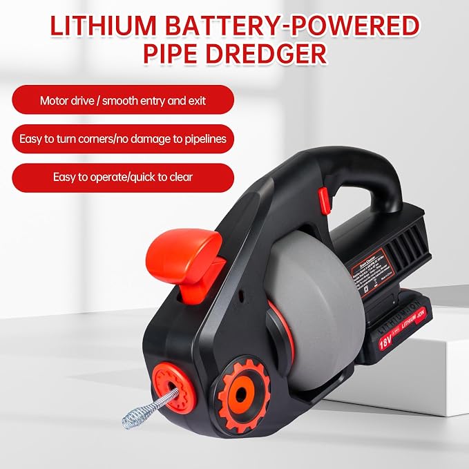 18V Cordless Electric Drain Auger-Efficient 25Ft Auto-Feed Drain Snake with Replaceable Cable,2.0Ah Battery,Charger,Storage Bag & Gloves for Kitchen,Bathroom,Shower Pipes （Red)