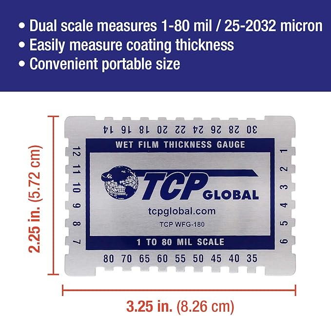 TCP Global Wet Film Thickness Gauge Comb, 1-80 Mil Scale, Step and notched for Paints Resins