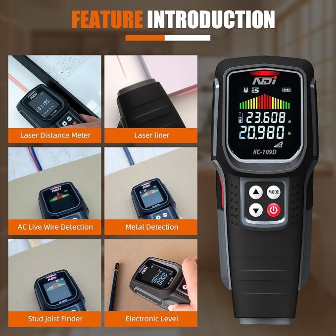 NDI Stud Finder Wall Scanner - 5 in 1 Electronic Stud Detector with Microprocessor Chip and HD LCD Display & Audible Alarm, for the Center and Edge of Wood AC Wire Metal Studs Joist Pipe