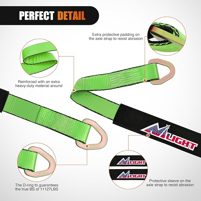Nilight Axle Tie Down Straps 2" x 38" with D-Rings and Protective Sleeve 11,127 LBS Break Strength – Car Hauler Tie-Downs for Engine Hoist Truck Trailer & UTV 4 Pack (Green)