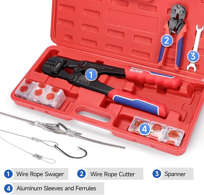 iCrimp 1608M Wire Rope Crimping Tool with CWR-35 Cable Cutter Set, 4 Die Slots 3/64" to 1/8", High Carbon Steel Swaging Kit for Aluminum Oval, Double Barrel & Annealed Copper Sleeves