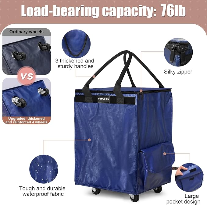 (Medium,Blue) Reusable Grocery Bag on 4 Wheels, 70L Foldable Rolling Tote Bag with 3 Handles and Zipper, Rolling Shopping Cart for Groceries, Storage, Laundry, Travel, Organizer, 76lb