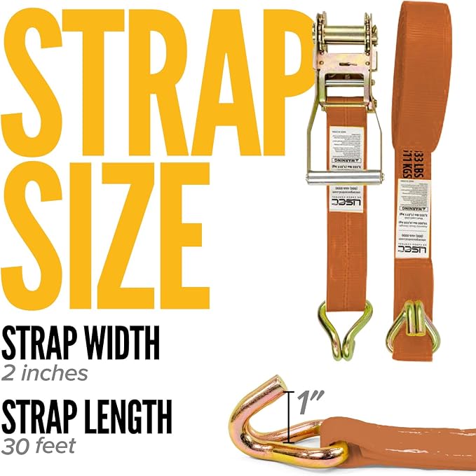 US Cargo Control Wire Hook Ratchet Strap 2 Inch x 30 Foot, 10,000 LBS Break Strength, Ratchet Straps Heavy Duty with Double J Hooks, Orange Cargo Tie Downs for Flatbed Trailers and Trucks