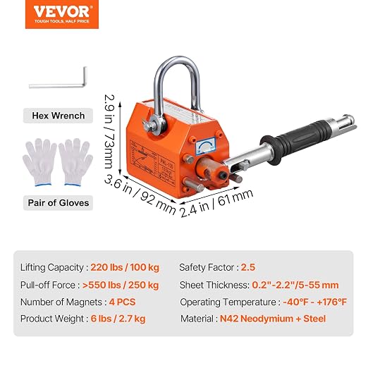 VEVOR Magnetic Lifter, 220 lbs/100 kg Pulling Capacity, 2.5 Safety Factor, Neodymium & Steel, Lifting Magnet with Release, Permanent Lift Magnets, Heavy Duty Magnet for Hoist, Shop Crane, Block, Board