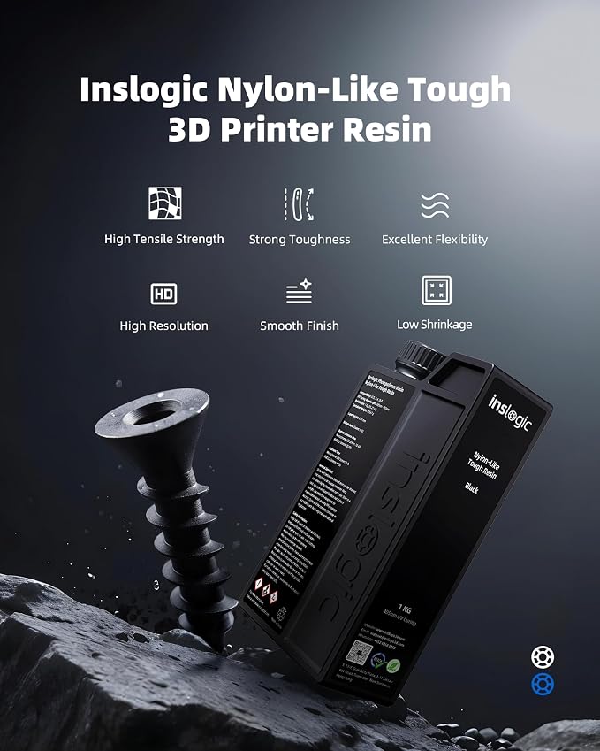 Inslogic Nylon-Like Tough 3D Printer Resin, High Impact Resistance & Flexibility for LCD, DLP, SLA Resin 3D Printers, Durable, Low Shrinkage, 365-405nm UV-Curing Resin, 1kg, Dark Gray