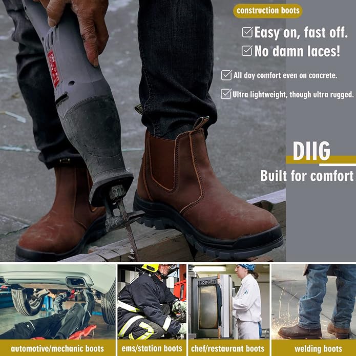 DIIG Work Boots for Men, Steel Toe Waterproof Working Boots, Slip Resistant Anti-Static Slip-on Safety Working Shoes 8 9 10 11 12 13 (CRZ/822EE, 9)