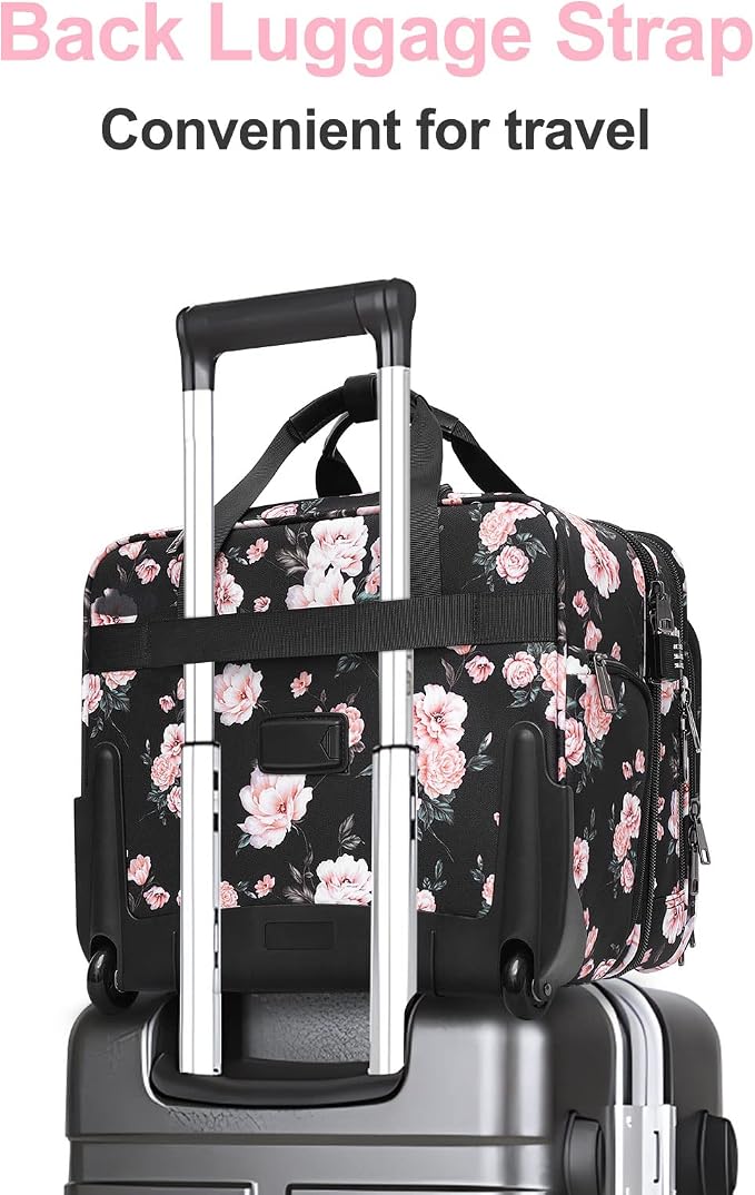 MOSISO Rolling Briefcase Laptop Bag for Women, Wheel Briefcase Teacher Bag for 15.6 inch with Coded Lock, Overnight Camellia Rolling Computer Bag on 2 Wheels with Belt for Work Travel Business, Black