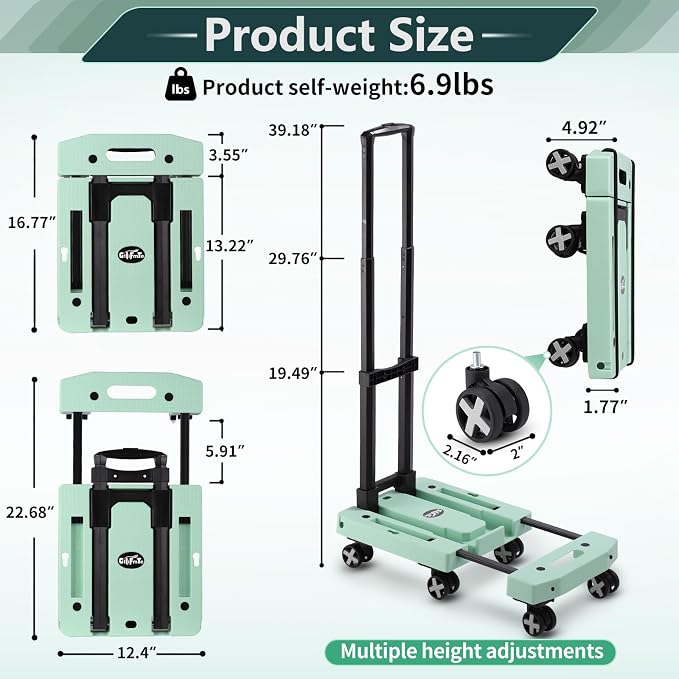 Folding Hand Truck Lightweight Hand Truck Dolly Foldable,Luggage cart with 6 Rotate Wheels, Utility Cart with Adjustable Handle,Collapsible Dolly for Moving (Green)