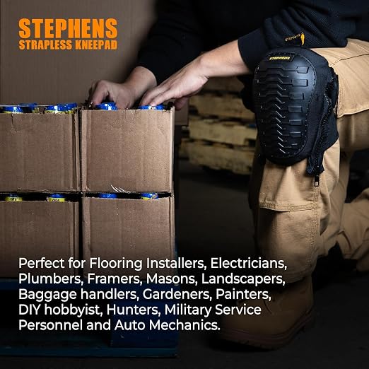 Stephens Strapless Knee Pads for Construction - Heavy Duty Soft Cap Design for Work | Safety Work Gear | Flooring | Roofing | Gardening | Personal Protective Equipment - Cushion Support for Kneeling - Non-Slip Strapless Knee Pad - Eliminate Knee Pain
