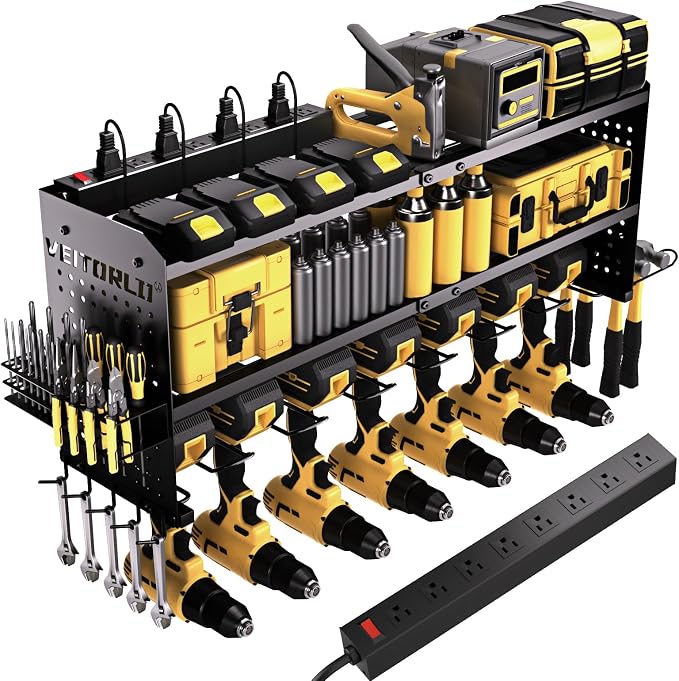Veitorld Power Tool Organizer with Charging Station, Heavy Duty Modular Wall Mount Rack for Garage & Shed Organization, 9 Drill Holders, Fathers Day Anniversary Birthday Gifts for Men Dad Him Husband
