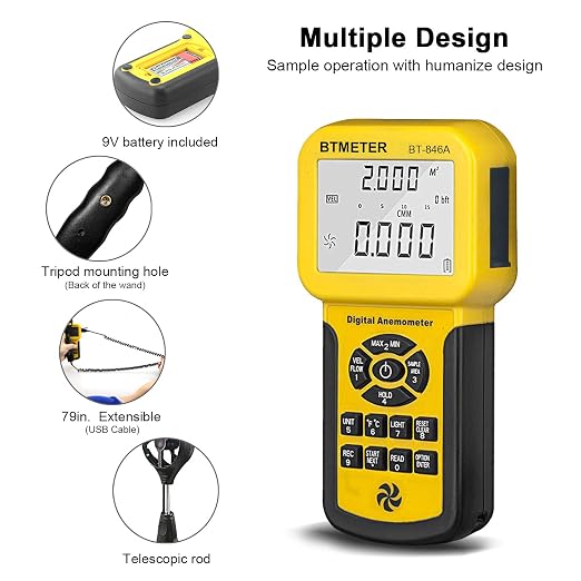 BTMETER Por CFM Anemometer - Wind Gauge w/600 Set Data Storage Export to PC | Airflow Velocity Meter Handheld Measure Wind Speed Flow Temp for HVAC, 0.1~100 mph, Vane Sensor Backlight MAX MIN AVG BT-846A