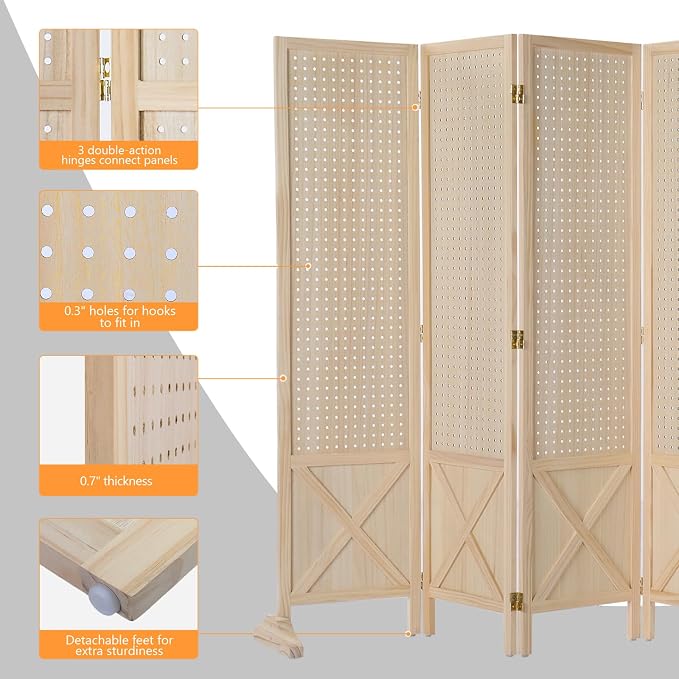 VINGLI Freestanding Pegboard with Support Feet, 5 FT Wood Room Divider Display Board Organizer, Folding Privacy Screen Partition Space Separator for Craft Shows Events Retail (Natural, 6 Panel)