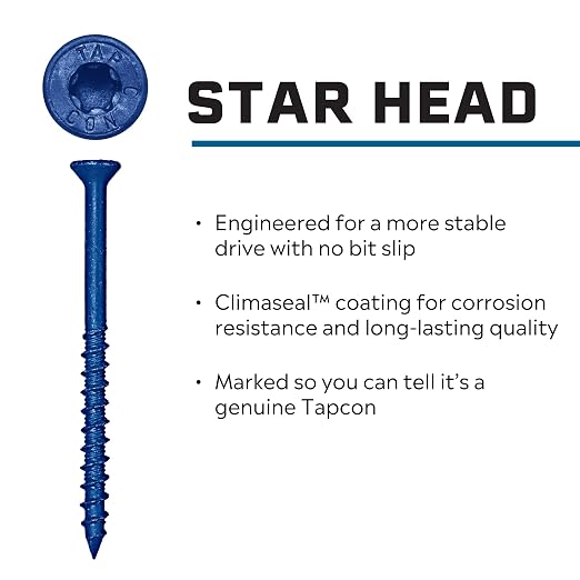 Tapcon 3/16 x 1-1/4 Inch Blue Climaseal® Star Head Concrete Anchors, 75 PCS, Corrosion Resistant Coating, Heavy-Duty Concrete and Masonry Screws, Superior Holding Strength, Drill & T-25 Bit Included
