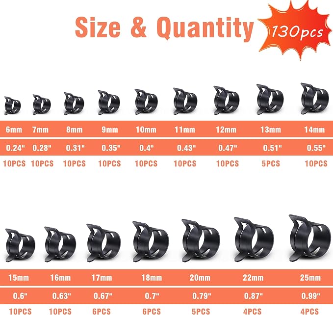 AKIHISA 130Pcs 6-25mm Spring Band Hose Clamp Assortment Kit with Hose Clamp Pliers, 16 Sizes Spring Hose Clip Fuel Line Silicone Vacuum Hose Pipe Clamp, Air Hose Tube Water Pipe Fasteners