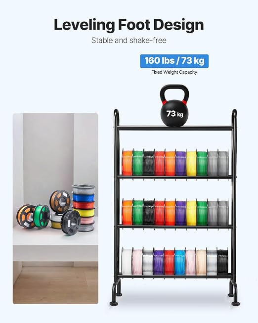 VEVOR 3D Printer Filament Storage Rack, 4 Tier Heavy Duty Storage Shelf, Rolling Filament Spool Holders Racks with Wheels, Filaments Organzied for 3D Printing Station, Office, Workshop (Shelf Only)