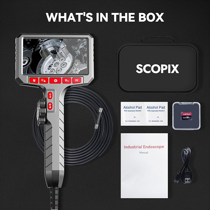 Articulating Borescope Camera with Screen, 2-Way Flexible Inspection Camera with Light, 1080P HD Endoscope Camera with 0.24” Probe, 5in Display, for Engine, Pipe and Wall Inspection, 5ft