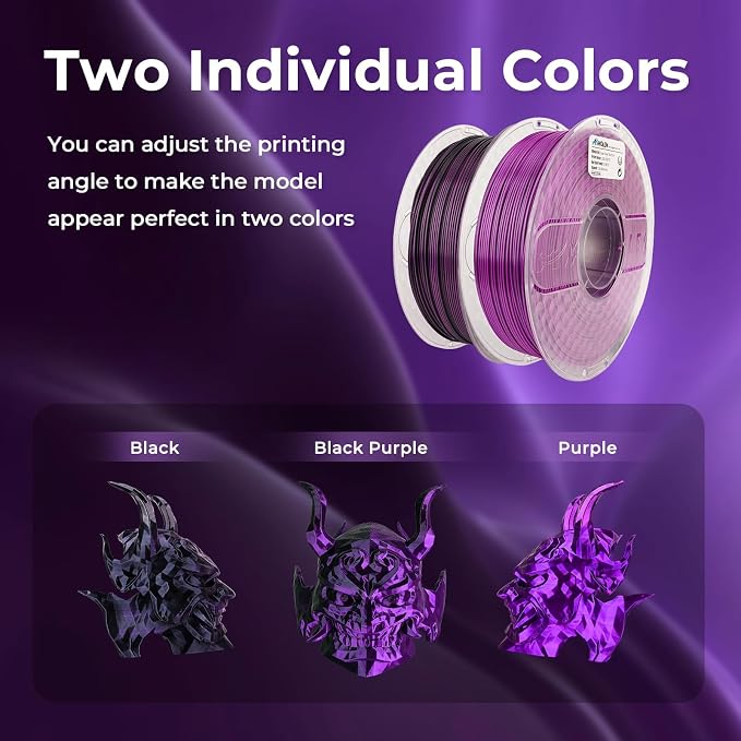 AMOLEN Dual Color Silk PLA 3D Printer Filament, PLA 1.75mm Shiny Color Change Filament 3D Printing PLA Filament for Most FDM 3D Printer, 1kg Spool(2.2lbs), Black Purple