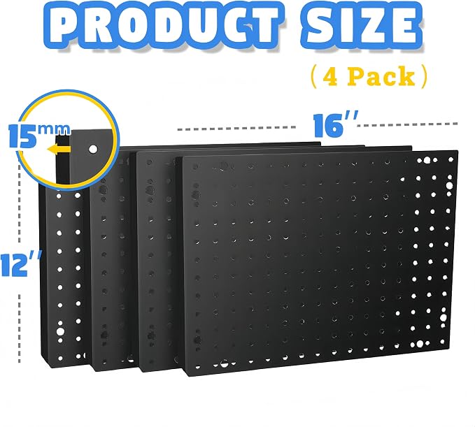 Heavy Duty Steel 4 Panel Metal Peg Board, Wall Pegs for Garage Organization, Garden Tools Storage (Black,32" X 24")