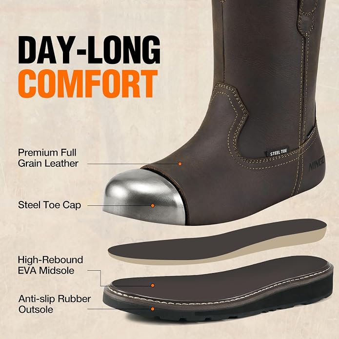 NINGO Soft/Steel Toe Work Boots for Men, Waterproof & Slip Resistant Wellington Leather Boots, Pull On Design, EH Protection with Goodyear Construction Shoes for Industrial, Farm & Welding