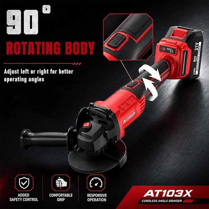 AOBEN 21V Cordless Angle Grinder 4-1/2 Inch, Power Brushless Cut Off Tool Kit, with 180° Rotating Body, Paddle Switch, 2x4.0Ah Battery & Charger, for Metal Cutting, Grinding, Polishing