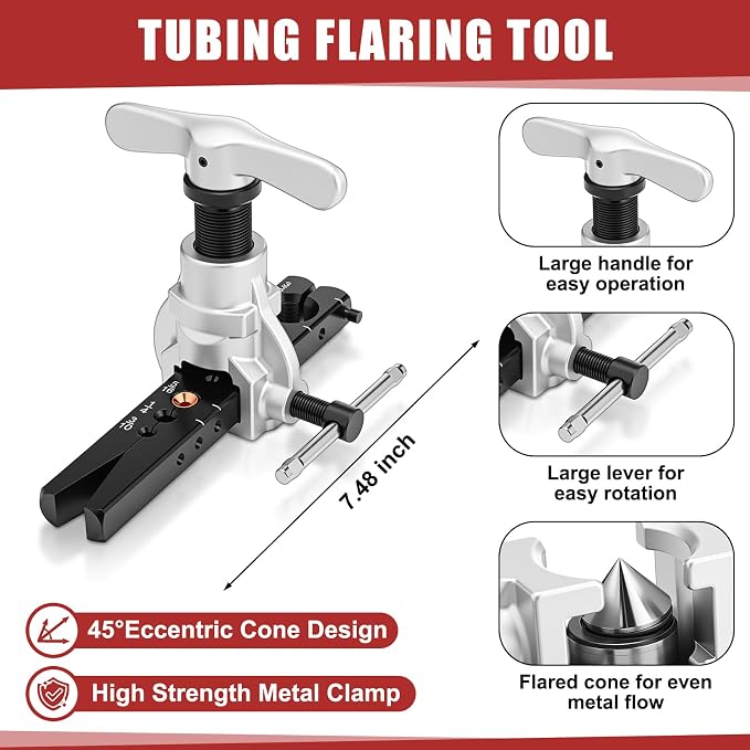 7 Pcs Eccentric Tubing Flaring Tool Kit 7 Dies for 3/16-3/4 inch, 3 in 1 180 Degree Tubing Bender, Spring Tube Bender Set for Pipe 1/4 5/16 3/8 1/2 and 5/8 Inch for Refrigeration Brake Line