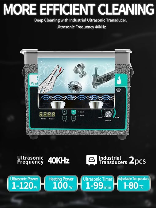 Ultrasonic Cleaner 3L with Adjustable Power & Sweep, 120W Ultra Sonic Cleaning Machine, Digital Timer and Heater, Heavy-Duty Parts Cleaner for Industrial, Motorcycle, and Hardware Tools