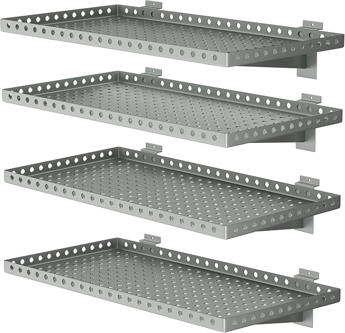 4 Pack Slatwall Shelves, Heavy Duty Grey Metal Slat Wall Shelf for Retail, Garage, Home Storage, 110 lbs Load Capacity, Universal Slatwall Accessories(14 x 24 Inch-4, Grey)