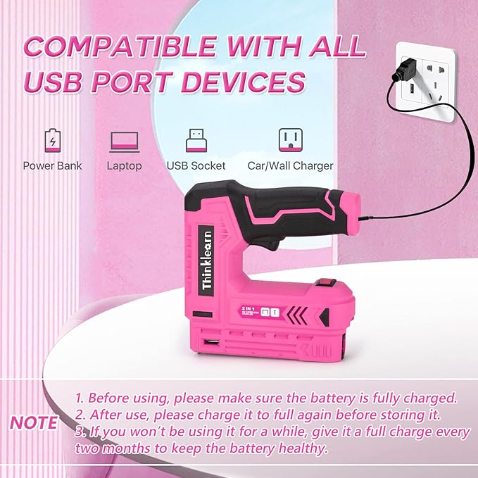 Pink Electric Staple Gun, 7PCS 2 in 1 Cordless Stapler Nail Gun Set with 3300pcs Staples Nails, 4V Brad Nailer Tacker for Upholstery, Wood, Carpentry, Crafts, DIY, Brad Nailer Kit with USB Charger