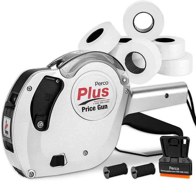 Perco Plus 1-Line Price Marking Gun with Labels Kit - Compares to Monarch 1131-01 Band Includes 1-Line 8-Character Band Price Labeler Gun, 9,000 Blank White Labels, a Label Scraper, and an Extra Inker