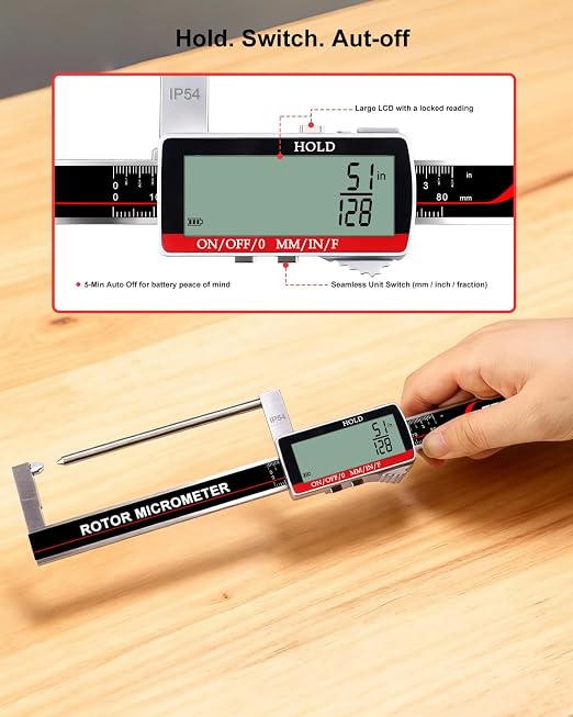GODESON Brake Rotor Gauge, Rechargeable Digital Caliper 3.25-Inch ±0.03mm Accuracy, Stainless Steel Body, Large LCD Display with Hold, mm/inch/F Units, IP54, Measures Discs Without Removing Wheels