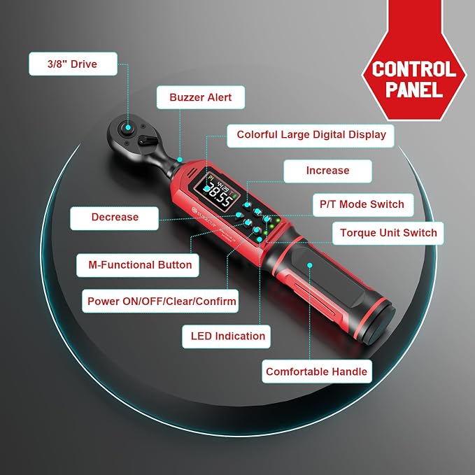 SUERCUP 3/8" Digital Torque Wrench (0.66-44.29Ft.Lb/0.9-60N.m) | ±1% Accuracy with Vibration/Buzzer/LED Alerts, 9 Presets & 5 Units, for Moto Engine/Brake, Car Spark Plug & Oil Drain Repair