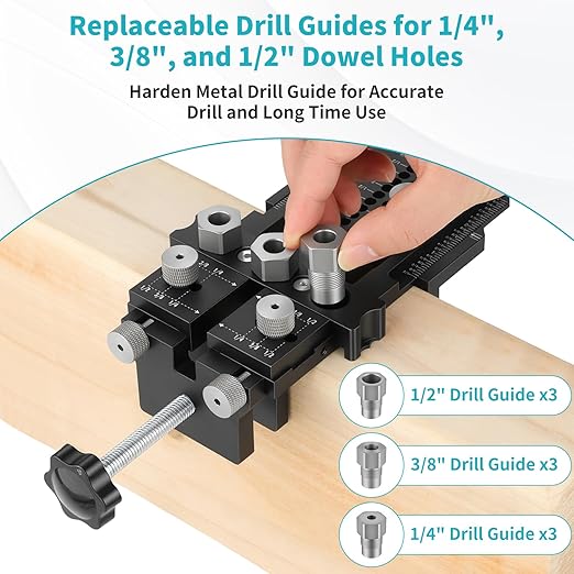 Dowel Jig Kit for Perfect Wood Joints, Self Centering Doweling Jig with 1/4 3/8 1/2 Drill Bushings & Bits, Woodworking Hole Drilling Guide for Cabinet Furniture DIY