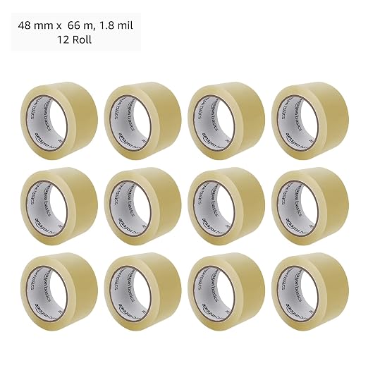 Amazon Basics Clear Shipping Packing Tape Rolls for Moving and Packaging, Home Office Supplies, 1.88 in x 72.2 Yards, 1.8 mil Thick, 12 Count