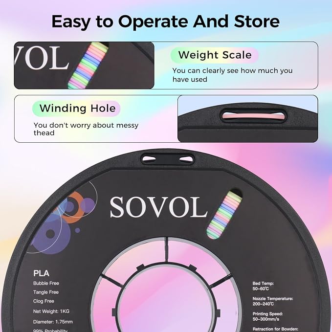 Sovol 3D Printer Matte Multicolored Fast Change Rainbow PLA 1kg (2.2 lbs) Spool 3D Printing Materials, Dimensional Accuracy +/- 0.03 mm, 1.75 mm, Matte Macaron Rainbow