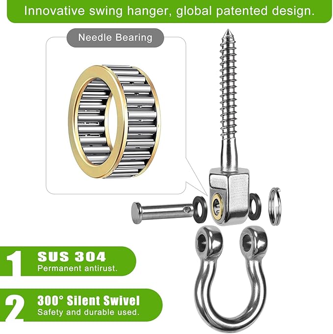 BeneLabel Heavy Duty Swing Hangers with Bearings - Set of 4 Stainless Steel 304 Screw Brackets for Hanging Chairs, Swings, Hammocks, Punching Bag - Indoor & Outdoor Use - 1500LB Capacity