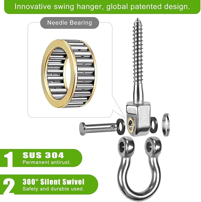 BeneLabel Heavy Duty Swing Hangers with Bearings - Set of 2 Stainless Steel 304 Screw Brackets for Hanging Chairs, Swings, Hammocks, Punching Bag - Indoor & Outdoor Use - 1500LB Capacity