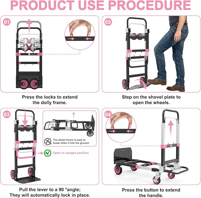 3-in-1 Folding Hand Trucks, 500lbs Convertible Dolly, Dolly Cart with Wheels Heavy Duty, Moving Cart with Retractable Handle, Collapsible Trolley for Moving Office/Home/Warehouse/Boxes/Cartons (Pink)