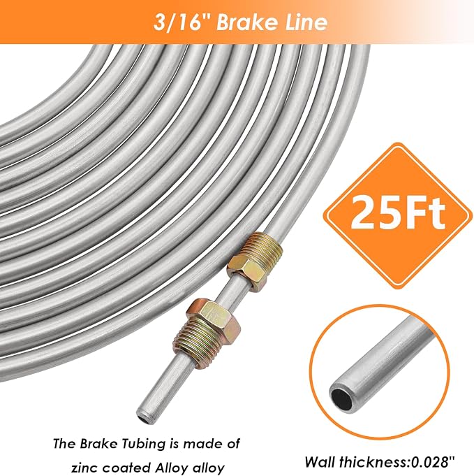 25 ft 3/16inch Zinc Coated Alloy Brake Line Kit(Includes 24 Fittings and 4 Unions) with Tube Bender and Double & Single Flaring Tool Kit