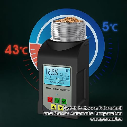 Grain Moisture Tester, INFURIDER Cup Moisture Meter High Precision Com Moisture Tester for 25 Grains Like Coffee Beans, Cocoa Beans,Wheat, Portable Temperature Measuring Instrument with Data Storage
