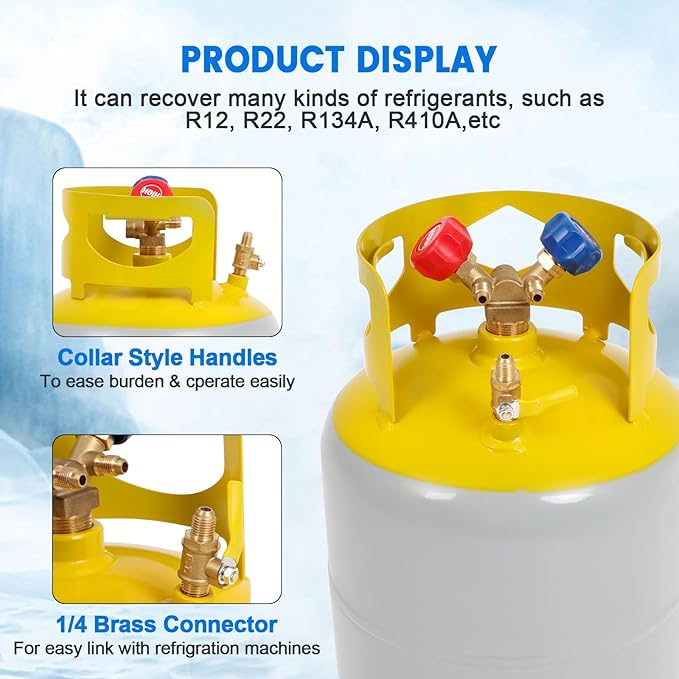 30 LB Refrigerant Recovery Tank for R12, R22, R134A, R410A Refrigerant with 1/4 SAE Y-Valve Liquid/Vapor Reclaim Tank AC Freon Recovery Tank Refrigerant Recovery Cylinder Tank Reusable