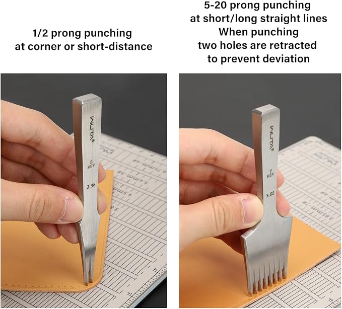 WUTA Leather Chisel All-Polished Leather Die-Steel Chisel French Style Pricking Iron Sharp Leather Punching Tool Kits (Obverse, 3.38 mm 8 Teeth)