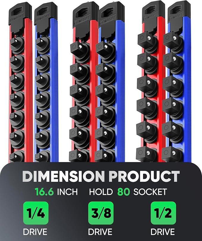 ALOANES Magnetic Socket Organizer Set, 6PC Heavy Duty Aluminum Socket Holder Organizer, 360° Swivel Clips Socket Holder Kit for Toolbox Drawer Fit 1/2, 3/8, 1/4-Inch x 80 Clips (Red&Blue, 6PC)