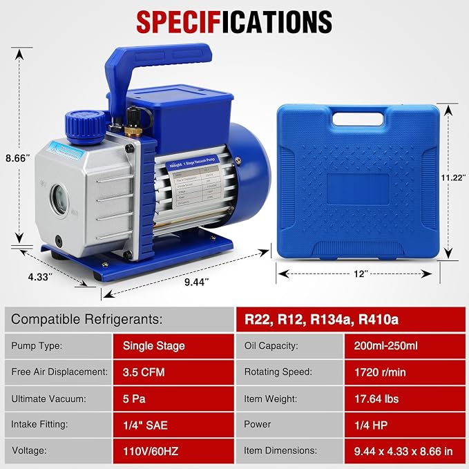 Nilight AC Vacuum Pump and Gauge Set, 3.5 CFM 1/4 HP 110V Single Stage HVAC Vacuum Pumps & Manifold Gauge Set Kit for R22 R404a R134a R410a, for Auto Air Conditioning Servicing Refrigerant Recharging